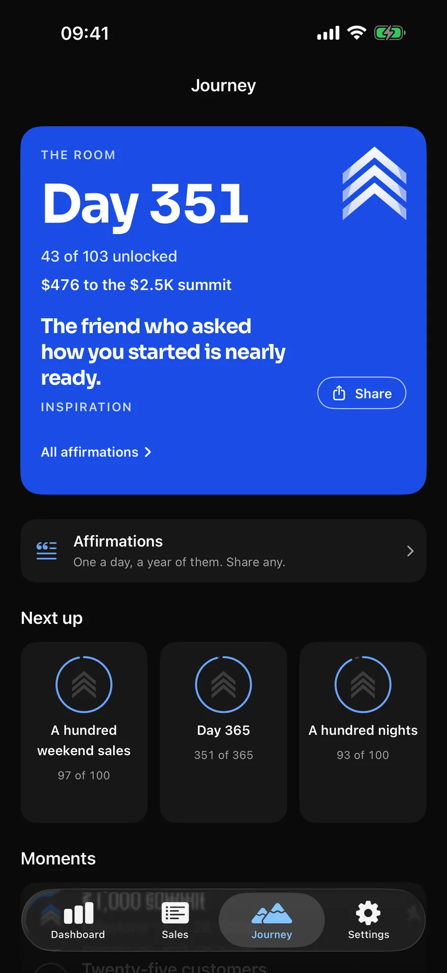 The Journey tab: the room, a cobalt block reading Day 351, 43 of 103 unlocked, $476 to the $2.5K summit and the day’s line, “The friend who asked how you started is nearly ready”; then Affirmations, one a day, a year of them; then Next up with A hundred weekend sales at 97 of 100, Day 365 at 351 of 365 and A hundred nights at 93 of 100; then Moments, the $1,000 summit and Twenty-five customers